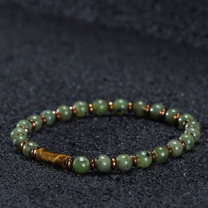 Buddha Stones Bracelet orné d'une perle ronde en agate mousse verte et d'un œil de tigre - Agate mousse et œil de tigre (Tour de poignet : 15-16 cm) - image 2