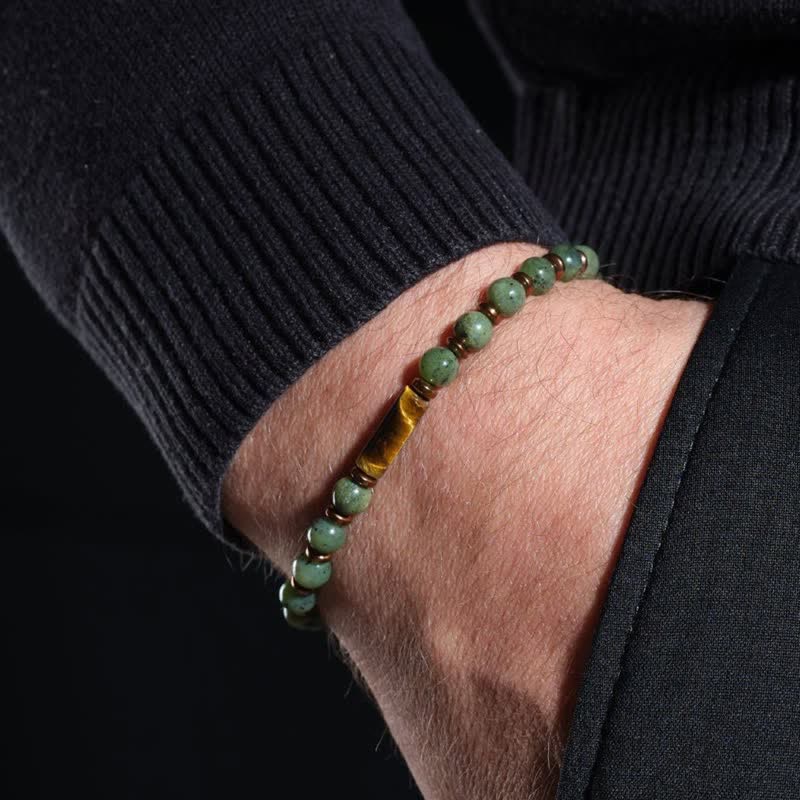 Buddha Stones Bracelet orné d'une perle ronde en agate mousse verte et d'un œil de tigre - image 10
