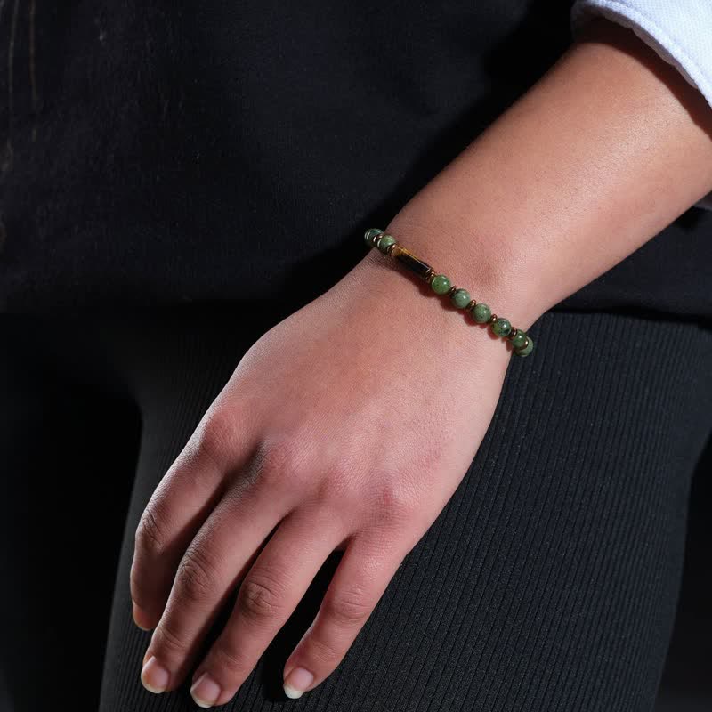 Buddha Stones Bracelet orné d'une perle ronde en agate mousse verte et d'un œil de tigre - image 11