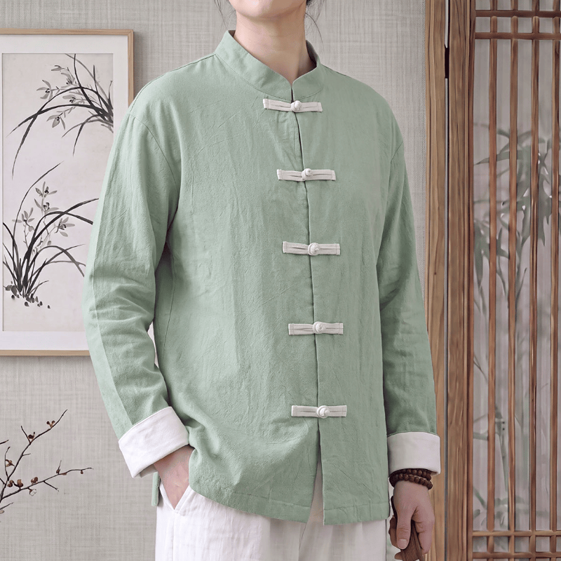 Buddha Stones Chemises à manches longues pour femmes, style Tang minimaliste, col mandarin, boutons brandebourg, en coton uni, printemps-automne - Vert pâle - US16，UK/AU20，EU48 (5XL) - image 0