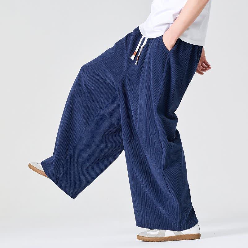 Buddha Stones Pantalon long en velours côtelé uni à cordon de serrage et poches, idéal pour l'automne et l'hiver. - Marine - US/UK/AU46，EU56 (5XL) - image 0
