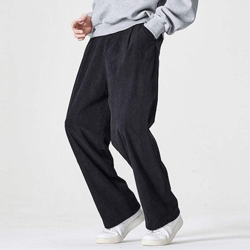 Buddha Stones Pantalon long plissé en velours côtelé style vintage automne-hiver, coupe droite, avec poches - Noir - US/UK/AU46，EU56 (5XL) - image 0