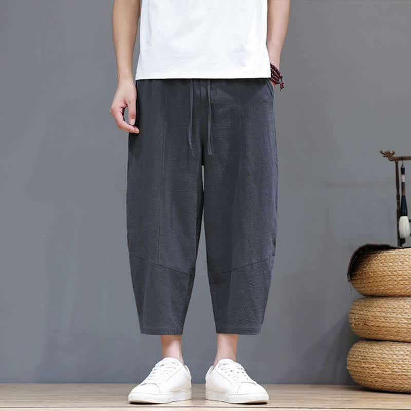 Buddha Stones Pantalon Capri homme style sarouel, décontracté et minimaliste, avec cordon de serrage, en coton et lin uni, idéal pour le printemps et l'été. Poches. - image 1