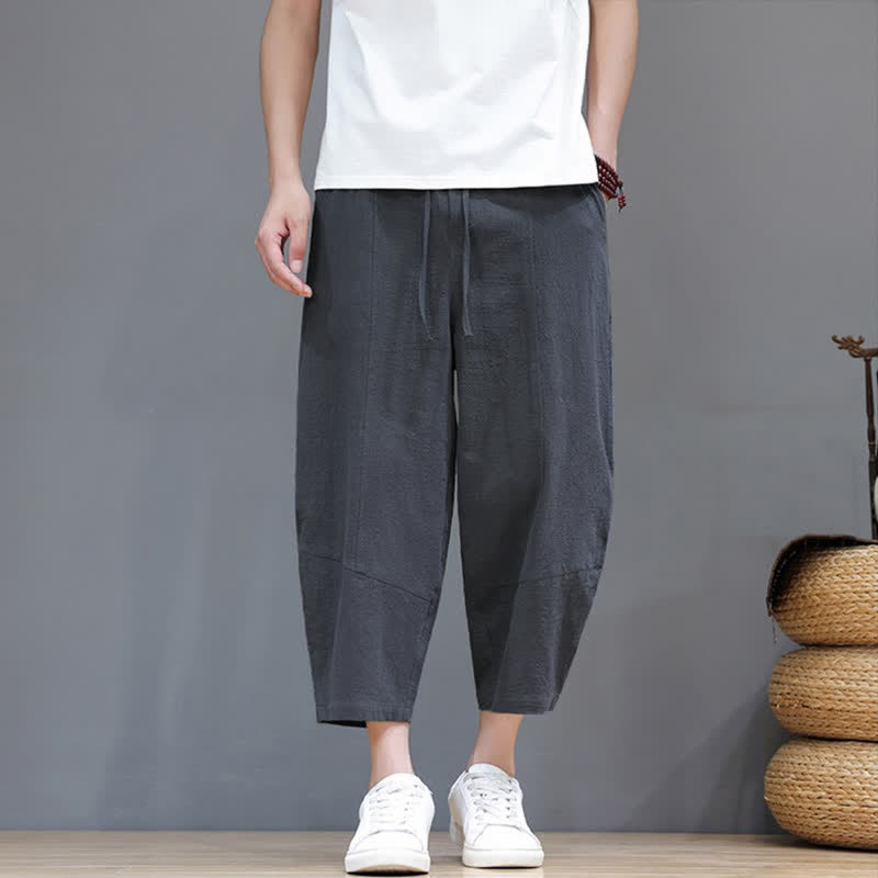 Buddha Stones Pantalon Capri homme style sarouel, décontracté et minimaliste, avec cordon de serrage, en coton et lin uni, idéal pour le printemps et l'été. Poches. - Gris ardoise - US/UK/AU46, EU56 (5XL) - image 0