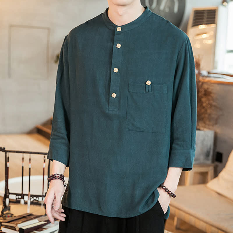 Buddha Stones Chemise homme manches longues, style Tang, col mandarin, poche plaquée, couleur unie, idéale pour le printemps et l'été. - Gris ardoise foncé - US/UK/AU46, EU56 (5XL) - image 0