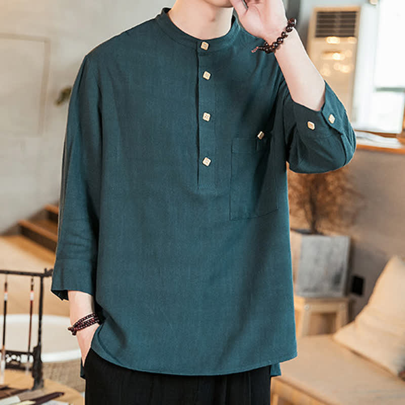 Buddha Stones Chemise homme manches longues, style Tang, col mandarin, poche plaquée, couleur unie, idéale pour le printemps et l'été. - image 1