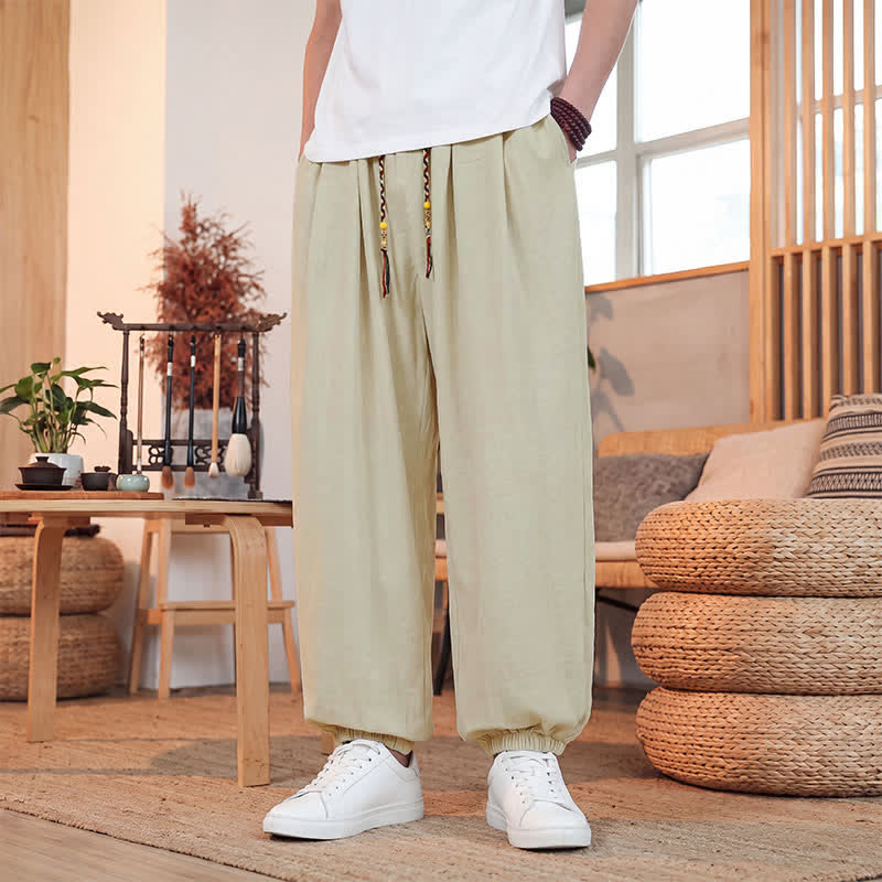 Buddha Stones Pantalon court uni décontracté printemps-été à cordon de serrage, coupe droite, avec poches - image 1