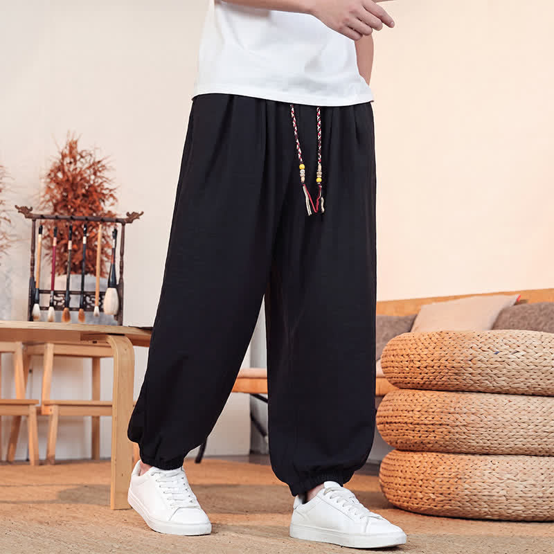 Buddha Stones Pantalon court uni décontracté printemps-été à cordon de serrage, coupe droite, avec poches - image 15