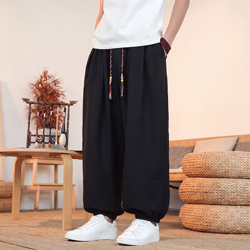Buddha Stones Pantalon court uni décontracté printemps-été à cordon de serrage, coupe droite, avec poches - image 13