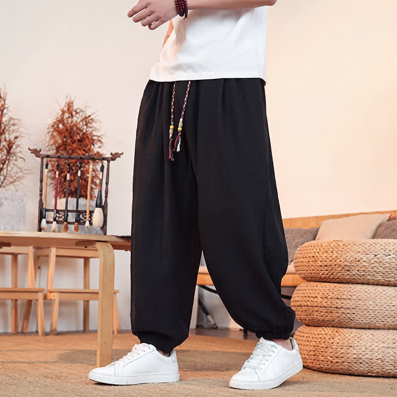 Buddha Stones Pantalon court uni décontracté printemps-été à cordon de serrage, coupe droite, avec poches - Noir - US/UK/AU46, EU56 (5XL) - image 9