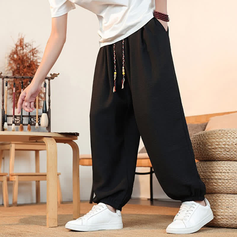 Buddha Stones Pantalon court uni décontracté printemps-été à cordon de serrage, coupe droite, avec poches - image 17