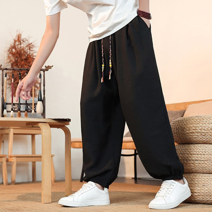 Buddha Stones Pantalon court uni décontracté printemps-été à cordon de serrage, coupe droite, avec poches - image 17