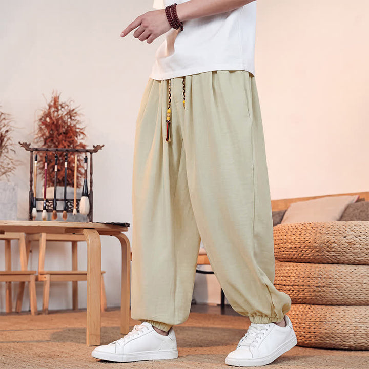 Buddha Stones Pantalon court uni décontracté printemps-été à cordon de serrage, coupe droite, avec poches - Beige - US/UK/AU46, EU56 (5XL) - image 0