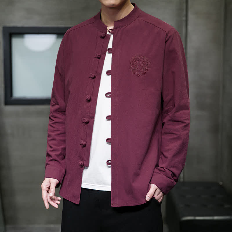 Buddha Stones Chemises à manches longues pour hommes, style Tang, décontractées, avec broderie grenouille et boutons, unies, printemps/automne - Rouge violet moyen - US/UK/AU46, EU56 (5XL) - image 0