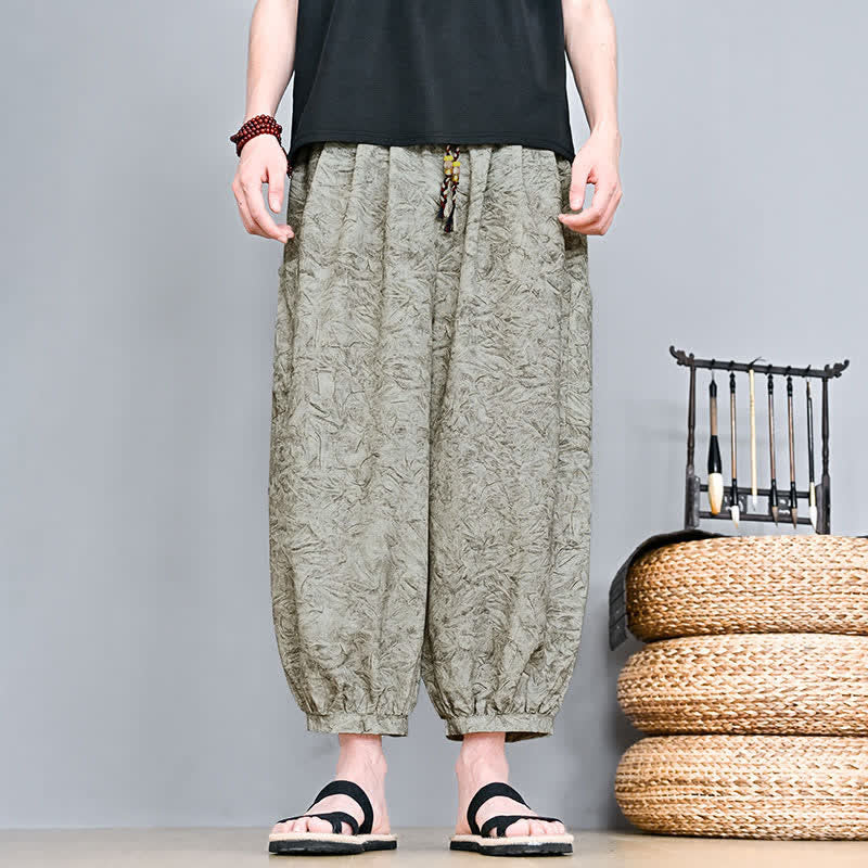 Buddha Stones Pantalon Capri bohème décontracté printemps-été à cordon de serrage et imprimé abstrait, style sarouel, avec poches - Kaki foncé - US/UK/AU48, EU58 (5XL) - image 0