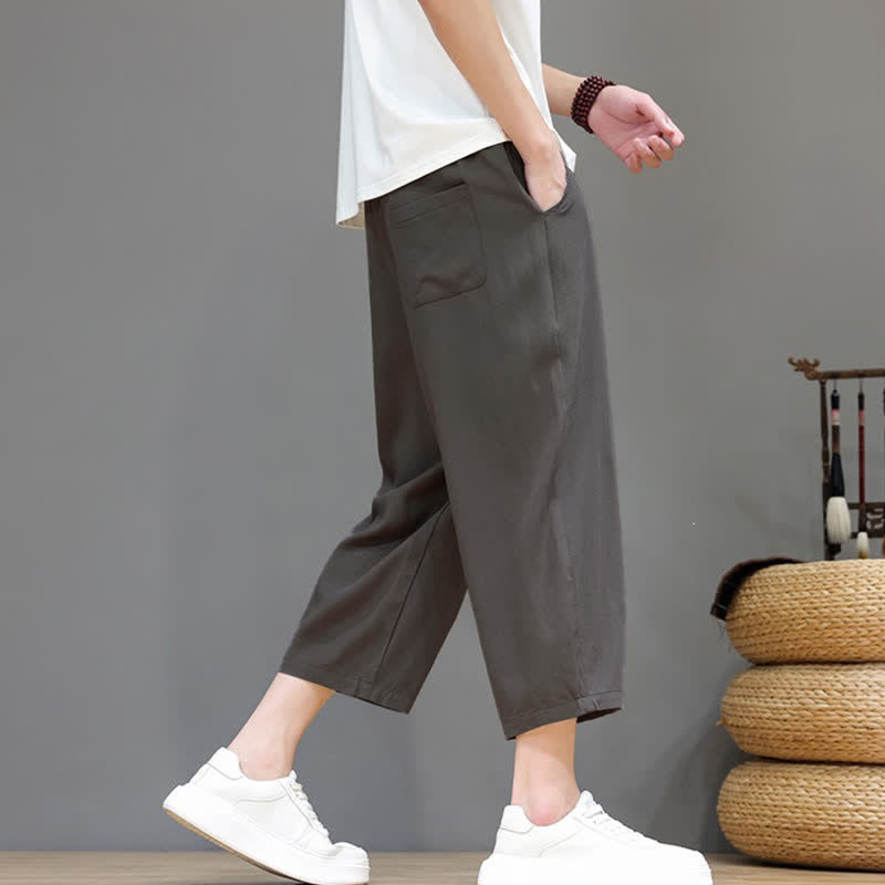 Buddha Stones Pantalon Capri uni décontracté printemps-été à cordon de serrage, style sarouel, avec poches - image 4