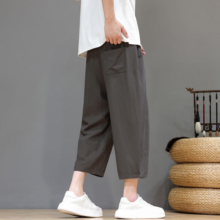 Buddha Stones Pantalon Capri uni décontracté printemps-été à cordon de serrage, style sarouel, avec poches - image 3