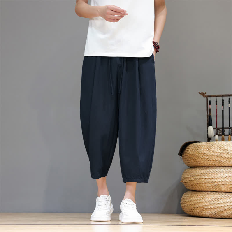 Buddha Stones Pantalon Capri uni décontracté printemps-été à cordon de serrage, style sarouel, avec poches - Marine - US/UK/AU46, EU56 (5XL) - image 9