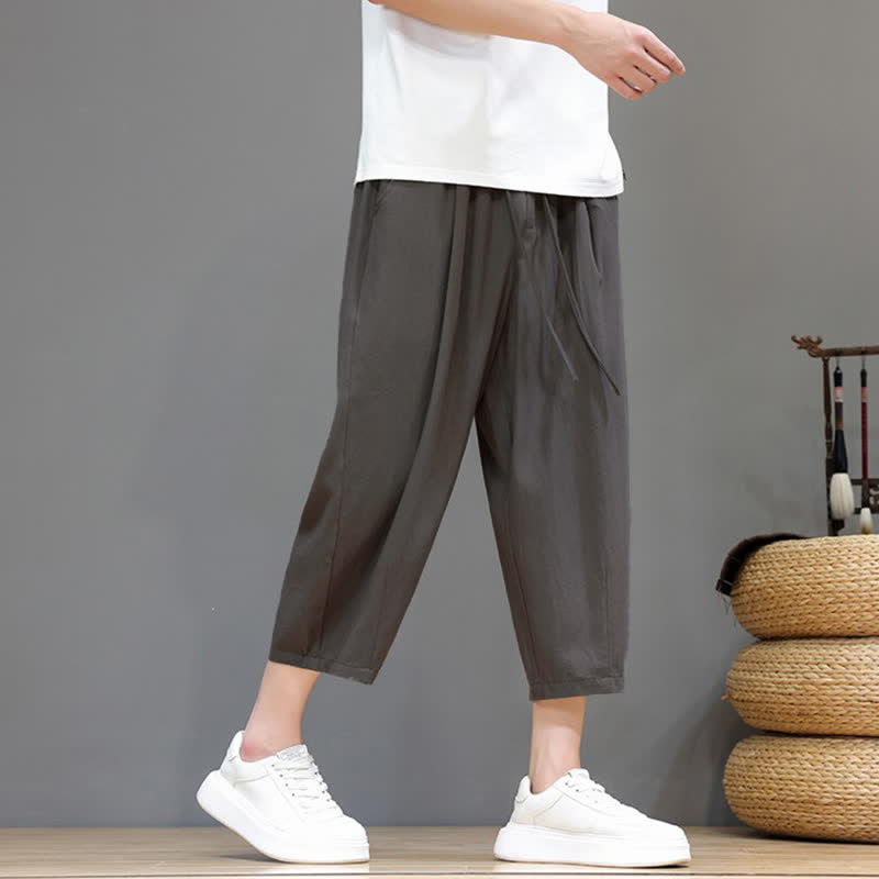 Buddha Stones Pantalon Capri uni décontracté printemps-été à cordon de serrage, style sarouel, avec poches - image 2