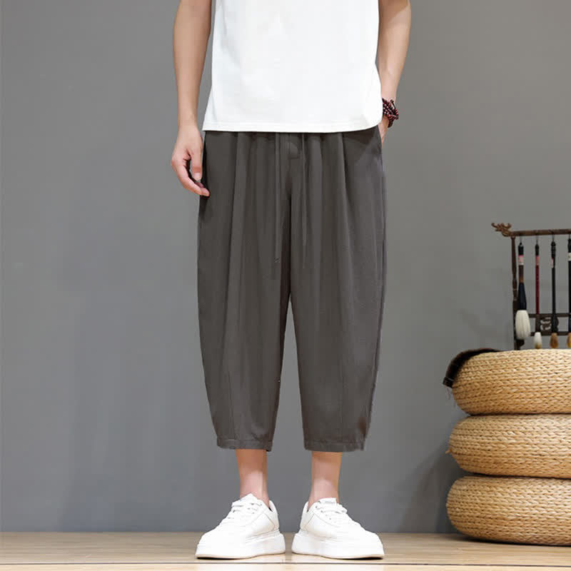 Buddha Stones Pantalon Capri uni décontracté printemps-été à cordon de serrage, style sarouel, avec poches - image 1