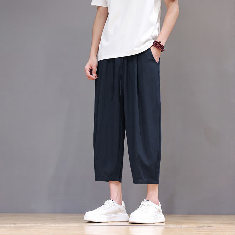 Buddha Stones Pantalon Capri uni décontracté printemps-été à cordon de serrage, style sarouel, avec poches - image 13