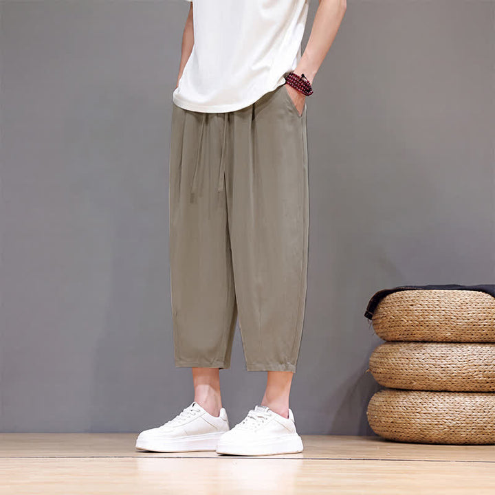 Buddha Stones Pantalon Capri uni décontracté printemps-été à cordon de serrage, style sarouel, avec poches - image 24
