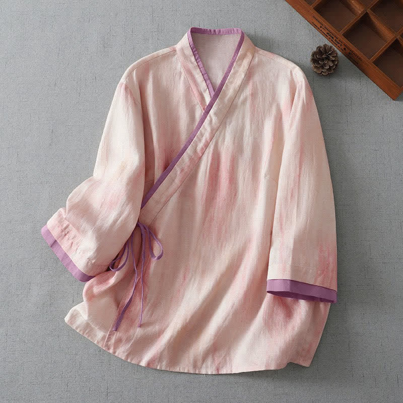 Buddha Stones Chemises à manches trois-quarts pour femmes, style rétro printemps-automne, cordon de serrage rose clair tie-dye - MistyRose - US8-10, UK/AU12-14, EU40-42 (2XL) - image 0