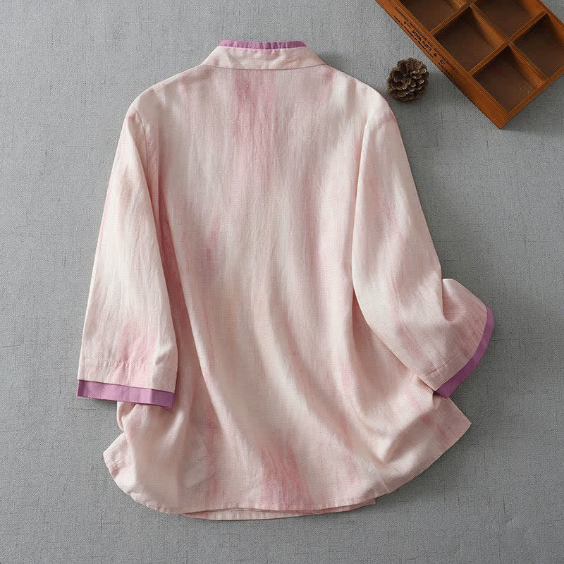 Buddha Stones Chemises à manches trois-quarts pour femmes, style rétro printemps-automne, cordon de serrage rose clair tie-dye - image 1