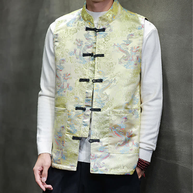 Buddha Stones Débardeur homme automne-hiver style Tang à col mandarin, motif dragon et phénix, avec poches - Jaune doré clair - US/UK/AU46, EU56 (5XL) - image 0