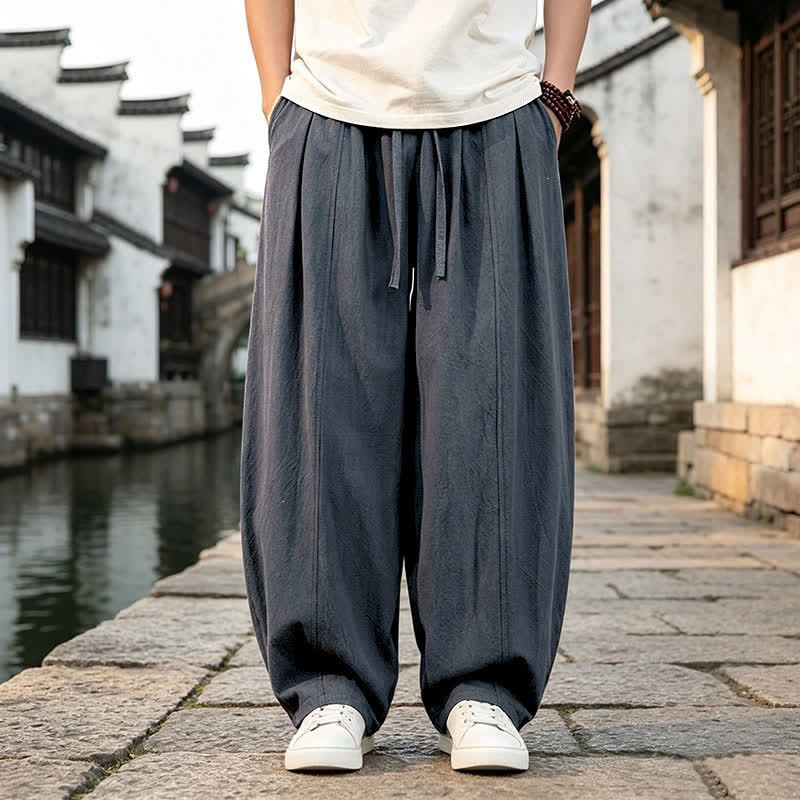 Buddha Stones Pantalon homme style rétro printemps-été, coupe simple, cordon de serrage, jambes droites, avec poches - Gris terne - US/UK/AU46, EU56 (5XL) - image 0