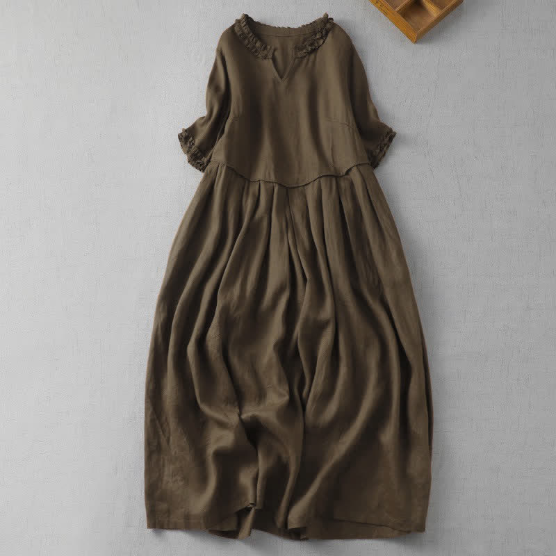 Buddha Stones Robe printemps-été minimaliste et élégante à manches courtes et col en V, avec poche - SaddleBrown - US14, UK/AU18, EU46 (2XL) - image 0