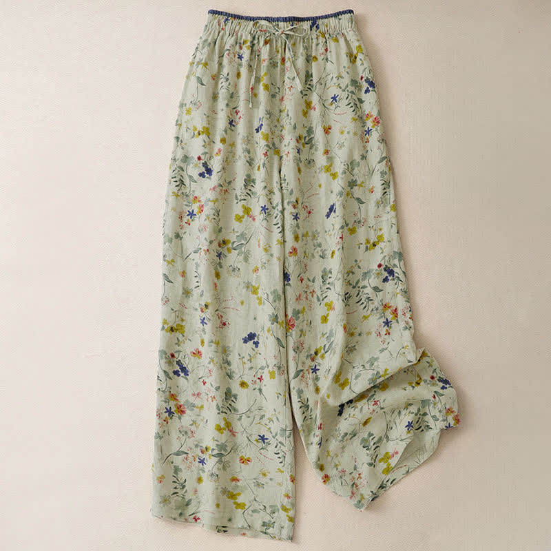 Buddha Stones Pantalon long bohème décontracté printemps-été à imprimé floral et cordon de serrage, jambes larges, avec poches - Beige - US12, UK/AU16, EU44 (2XL) - image 0