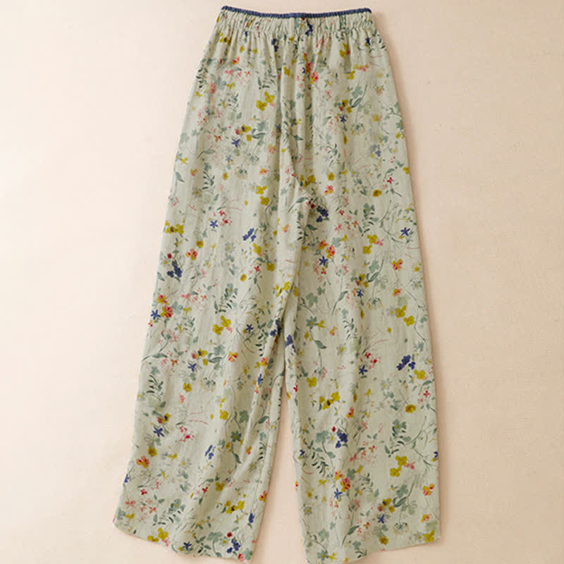 Buddha Stones Pantalon long bohème décontracté printemps-été à imprimé floral et cordon de serrage, jambes larges, avec poches - image 1