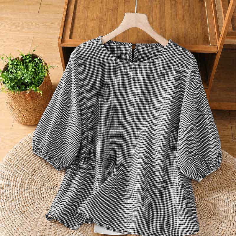 Buddha Stones T-shirts d'été minimalistes à carreaux, col rond, manches courtes pour femmes - Noir - US12, UK/AU16, EU44 (2XL) - image 0