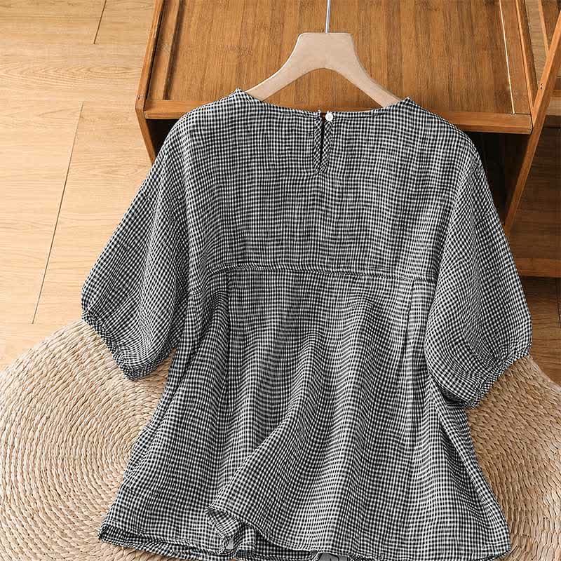 Buddha Stones T-shirts d'été minimalistes à carreaux, col rond, manches courtes pour femmes - image 1