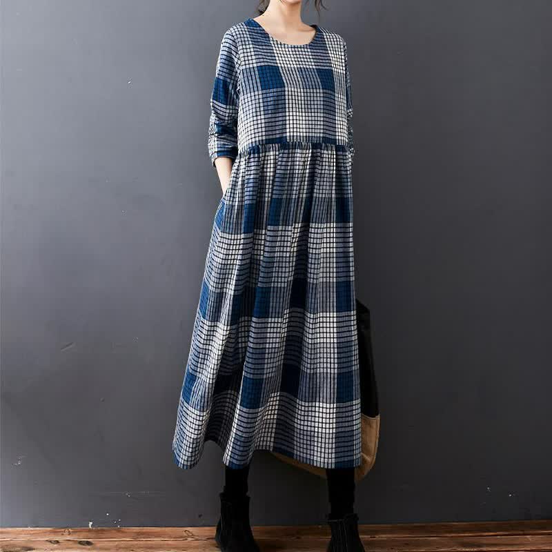 Buddha Stones Robe longue à carreaux vintage décontractée d'automne pour femme, manches longues et poches - image 1