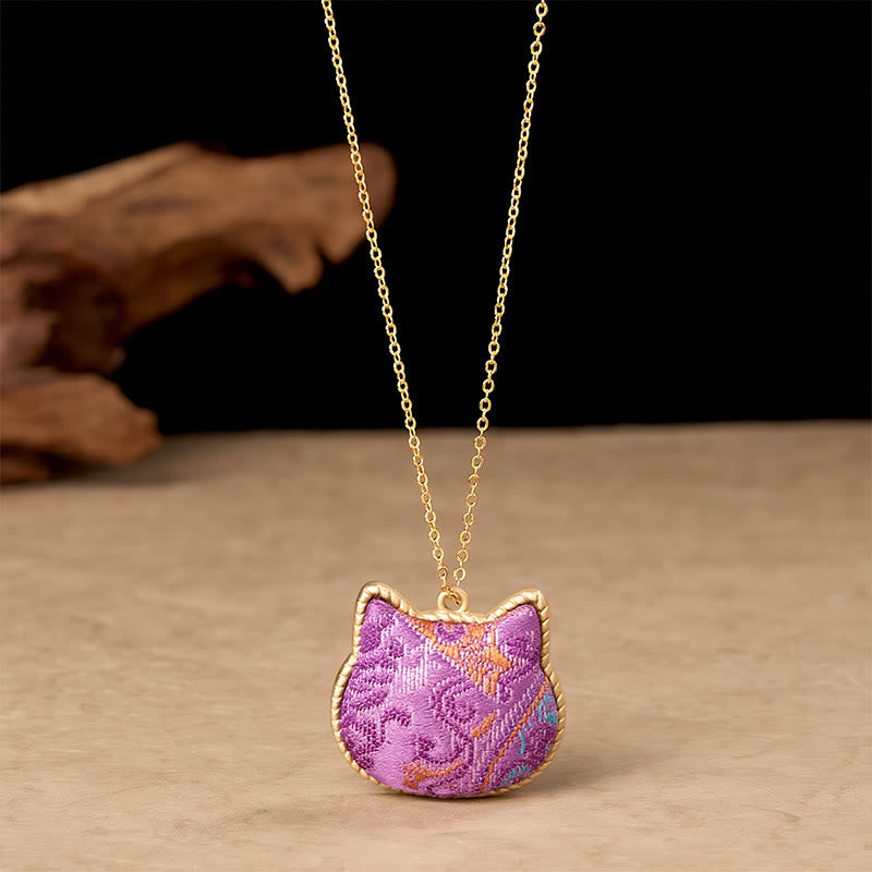 Buddha Stones Collier en cuivre à tête de chat en brocart, motif Chanson chinoise - image 1