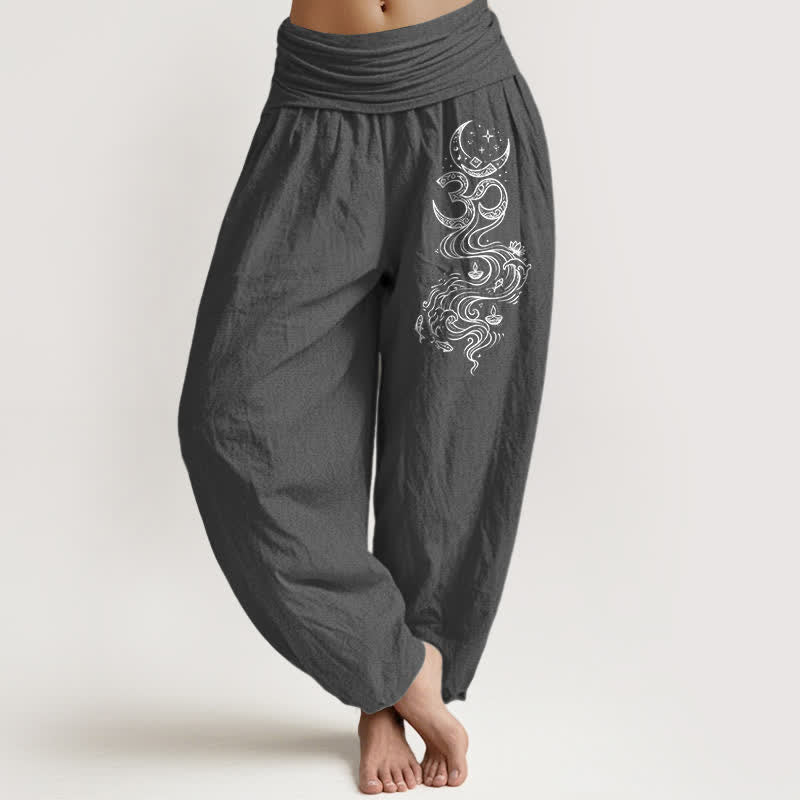 Buddha Stones Pantalon harem pour femme en pur coton, motif lune sacrée Om, taille élastique - Gris sombre - US16，UK/AU20，EU48 (3XL) - image 0