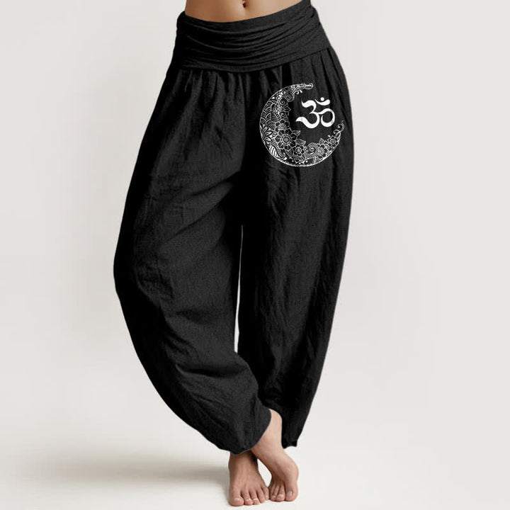 Buddha Stones Pantalon harem en pur coton, motif croissant de lune et Om, style bohème, taille élastique. - Noir - US16，UK/AU20，EU48 (3XL) - image 0