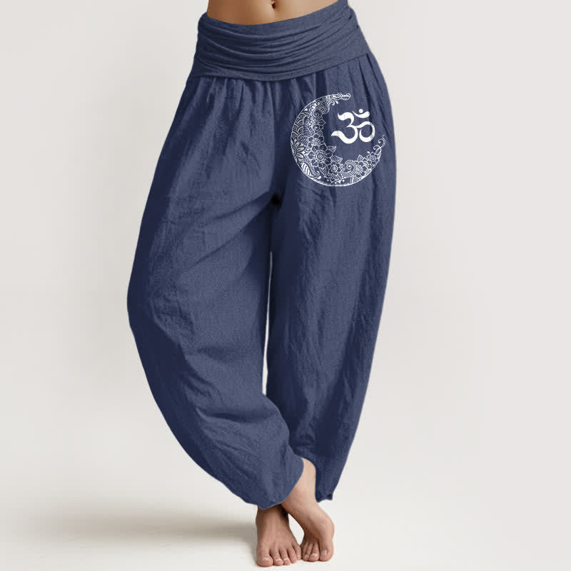 Buddha Stones Pantalon harem en pur coton, motif croissant de lune et Om, style bohème, taille élastique. - Bleu ardoise foncé - US16，UK/AU20，EU48 (3XL) - image 5