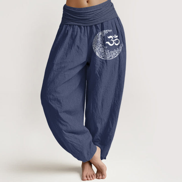 Buddha Stones Pantalon harem en pur coton, motif croissant de lune et Om, style bohème, taille élastique. - Bleu ardoise foncé - US16，UK/AU20，EU48 (3XL) - image 5