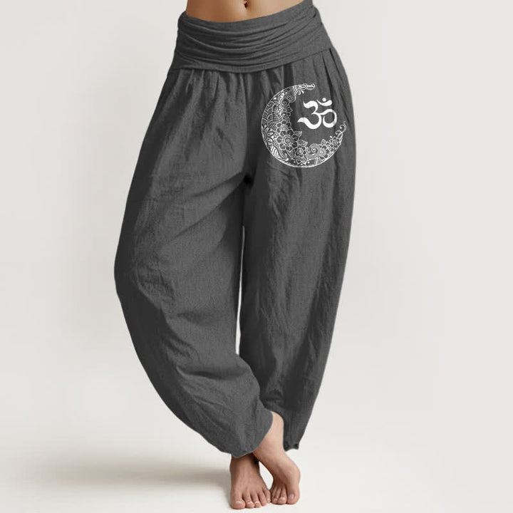 Buddha Stones Pantalon harem en pur coton, motif croissant de lune et Om, style bohème, taille élastique. - Gris terne - US16，UK/AU20，EU48 (3XL) - image 8