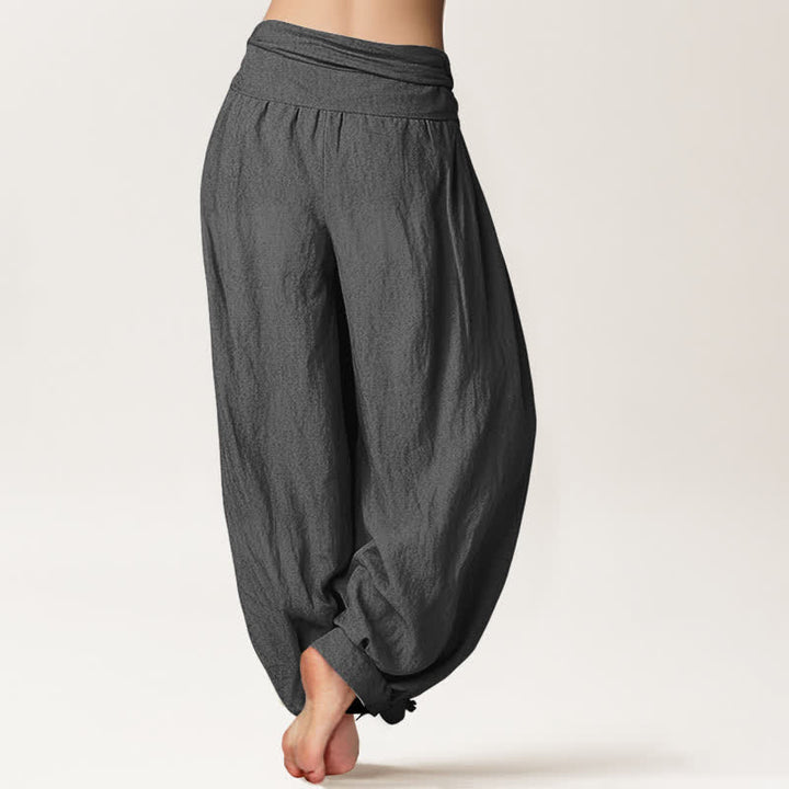 Buddha Stones Pantalon harem en pur coton, motif croissant de lune et Om, style bohème, taille élastique. - image 10