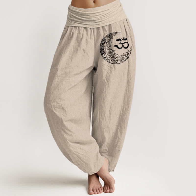 Buddha Stones Pantalon harem en pur coton, motif croissant de lune et Om, style bohème, taille élastique. - Tanné - US16，UK/AU20，EU48 (3XL) - image 11