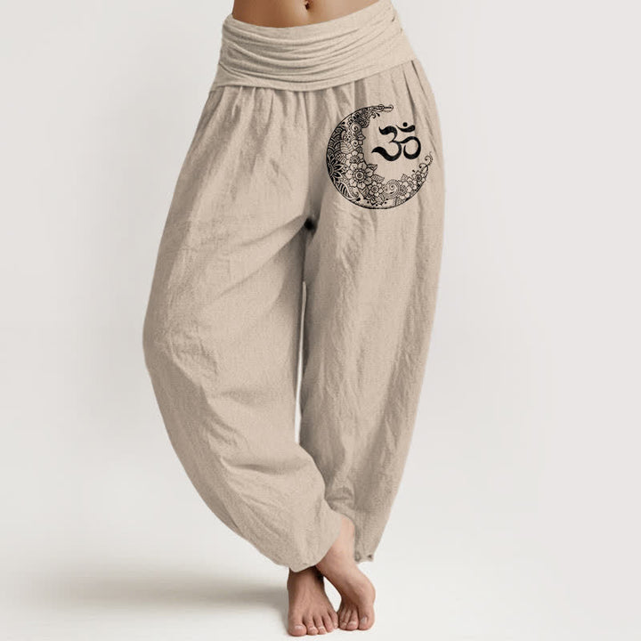 Buddha Stones Pantalon harem en pur coton, motif croissant de lune et Om, style bohème, taille élastique. - Tanné - US16，UK/AU20，EU48 (3XL) - image 11
