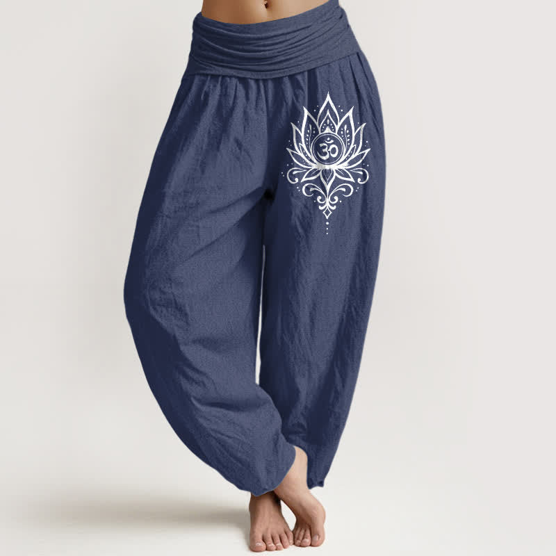 Buddha Stones Pantalon harem pour femme en pur coton blanc à motif lotus Om et taille élastique - Bleu ardoise foncé - US16，UK/AU20，EU48 (3XL) - image 0