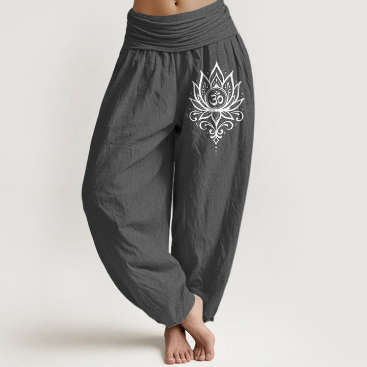 Buddha Stones Pantalon harem pour femme en pur coton blanc à motif lotus Om et taille élastique - Gris sombre - US16，UK/AU20，EU48 (3XL) - image 8