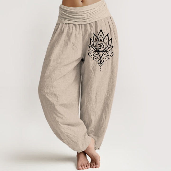 Buddha Stones Pantalon harem pour femme en pur coton blanc à motif lotus Om et taille élastique - Tanné - US16，UK/AU20，EU48 (3XL) - image 11