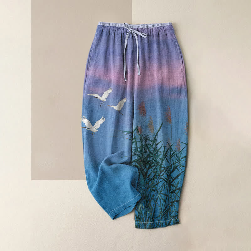 Buddha Stones Pantalon pour femme en pur coton et bambou, motif grue, taille élastique et poches - Bleuet - US16，UK/AU20，EU48 (3XL) - image 0