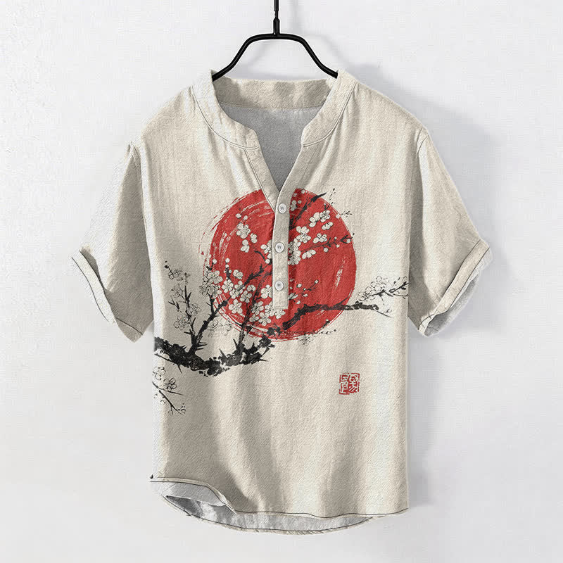 Buddha Stones Chemise homme à manches courtes et demi-boutonnée, motif fleurs de prunier et soleil, encre de coton - Lin - US/UK/AU50，EU60 (5XL) - image 0